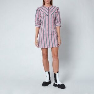 ganni pink striped dress Ganni Striped Floral Seersucker Dress in Pink